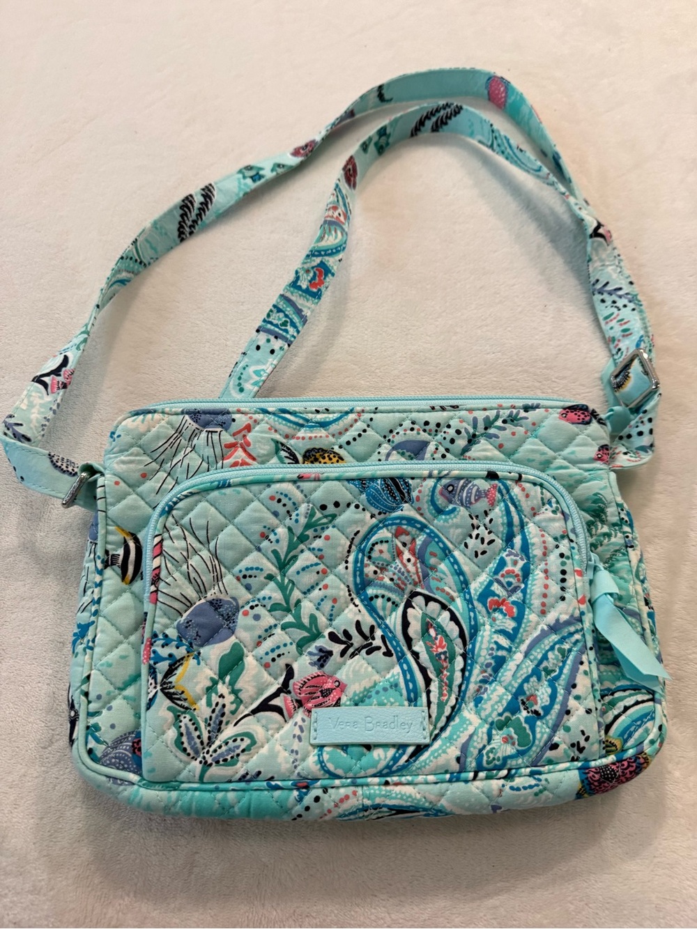 Vera Bradley Crossbody Shoulder Hand Bag Quilted Light Blue Paisley Blue Dot